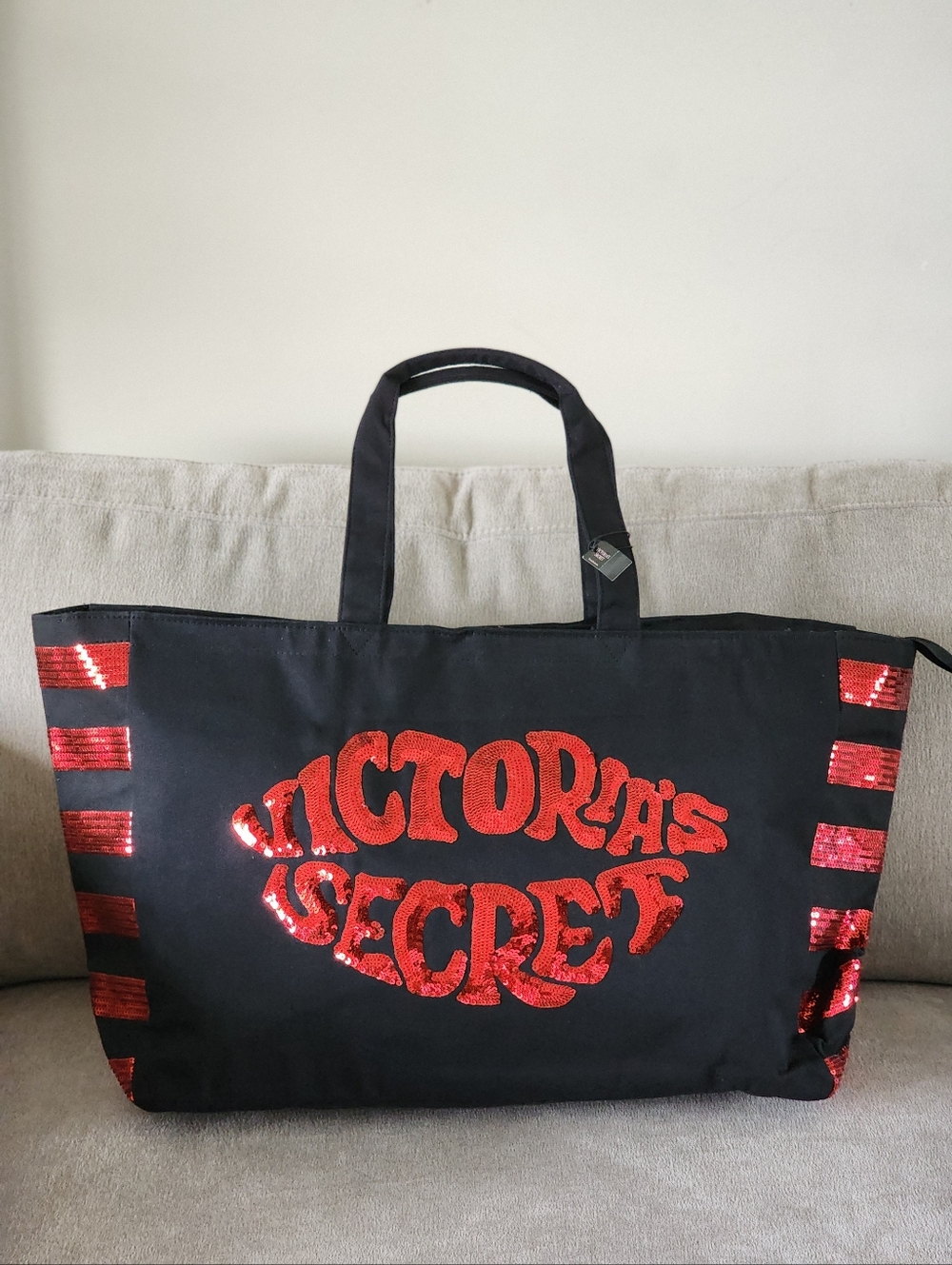 New With Tags Large Victoria's Secret Black Tote with Red Sequins and Stripes